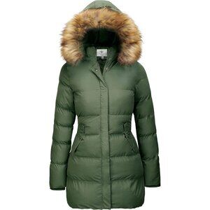 Women's  Army Green Winter Puffer Coat Warm Jacket With Removable Hood